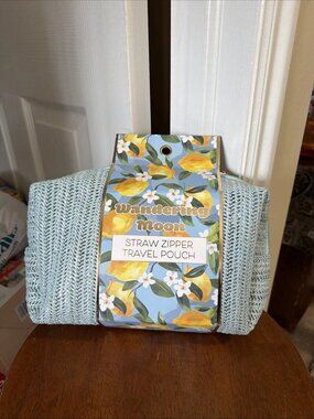 Wandering Moon - Straw Zipper Travel Pouch - Light Blue - NWT